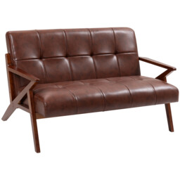 2 Seater Sofa Brown Pu Leather 133x81x78.5cm Beech Wood Retro Tufted