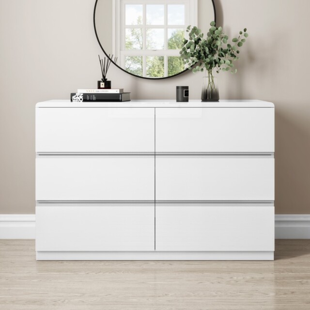 Chest Of Drawers White Gloss With 6 Drawers Modern Style Bedroom