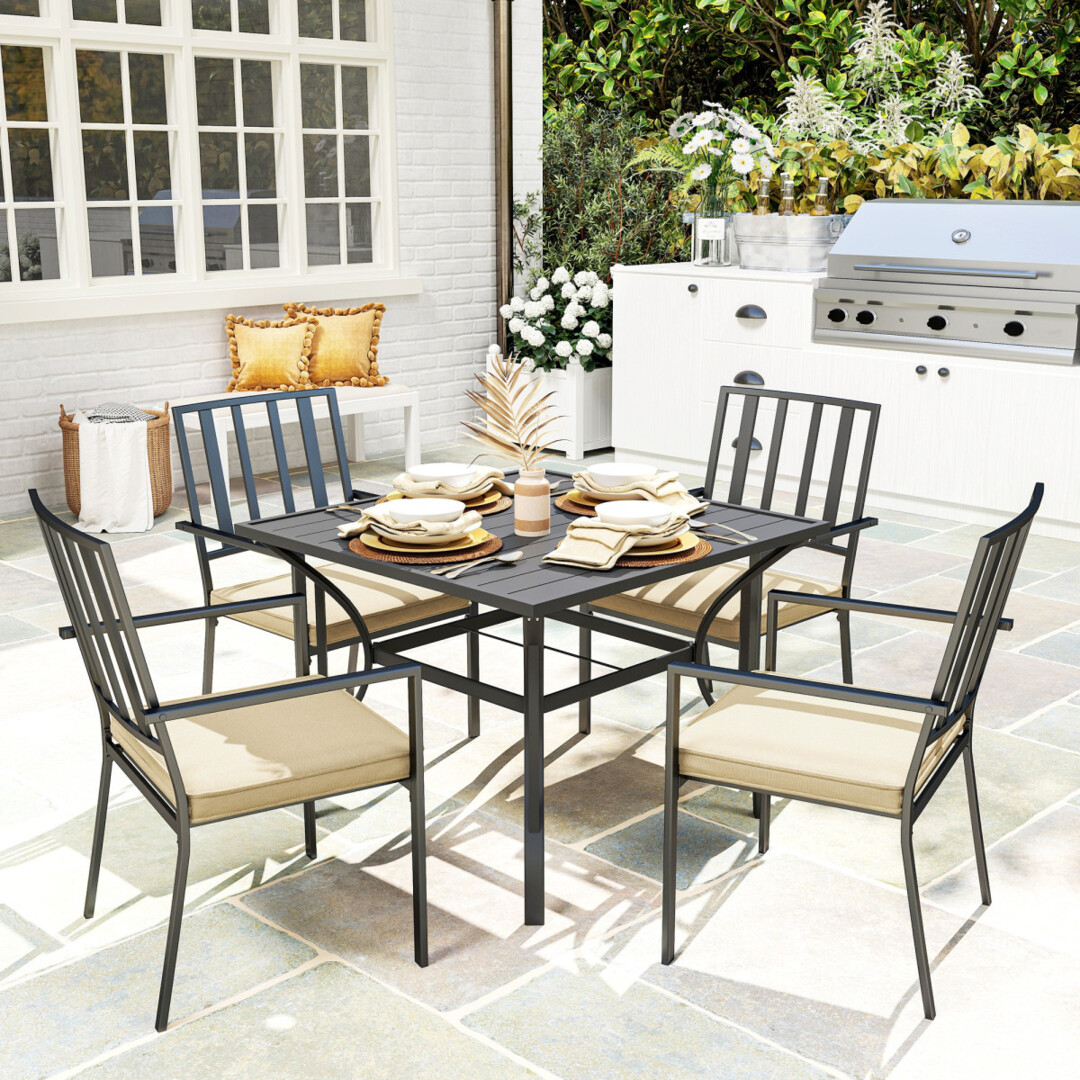 Garden Dining Set W/ Stackable Cushioned Chairs And Metal Top - Main Image