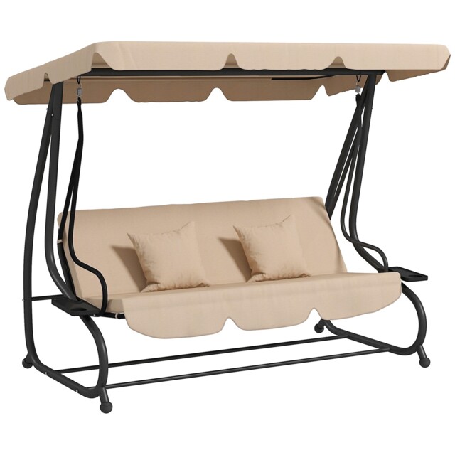 Outsunny 2-in-1 Garden Swing Chair For 3 Person W/ 2 Pillows, Light