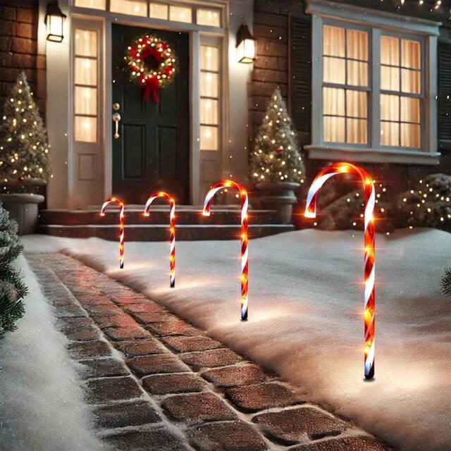 4 X Christmas Xmas Led Candy Cane Pathway Stake Lights Garden Outdoor