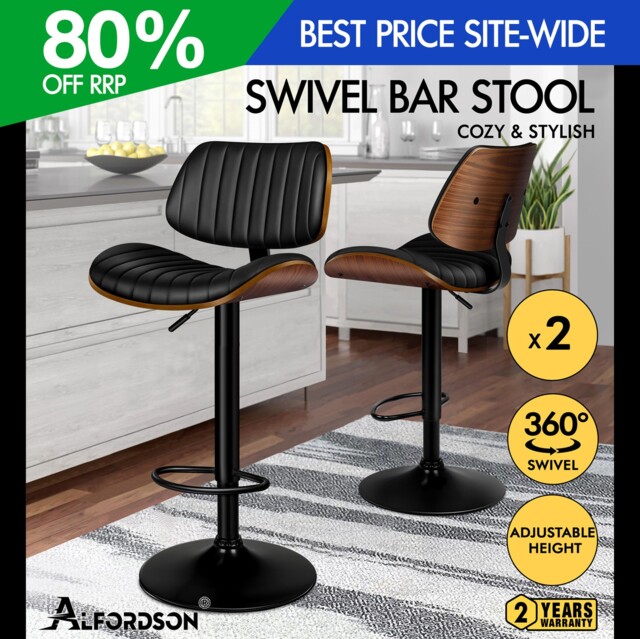 Alfordson 2x Bar Stool Swivel Padded Back Wooden Gas Lift Kitchen