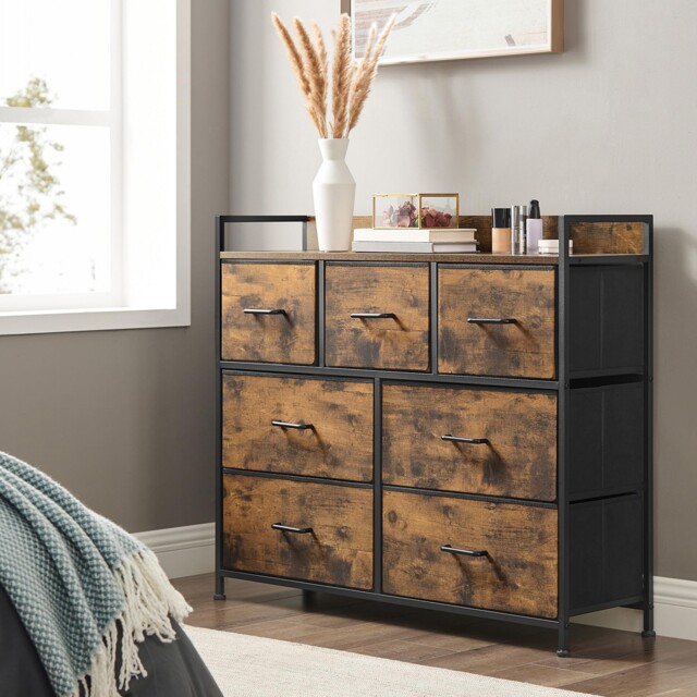 Songmics Chest Of 7 Drawers(28.5d X 98w X 85h Cm), Rustic Brown + Ink