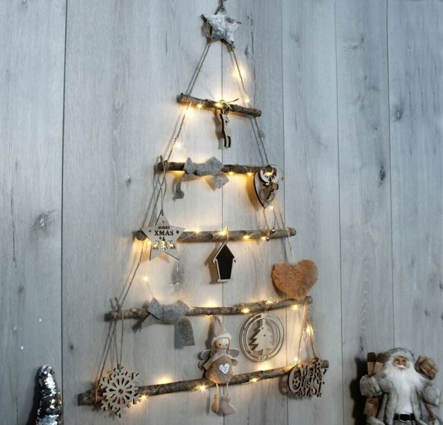 Christmas Hanging Wooden Tree 82cm Rope Ladder Led's & Decor Rustic