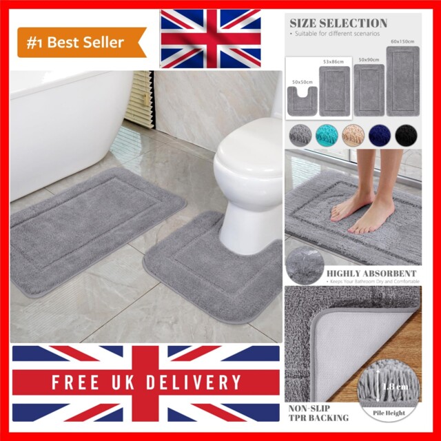 Grey Bath Mat Set Of 2, High Density Soft Microfiber Non-slip Bathroom