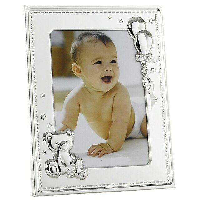 "Baby Silver Photo Frame With Teddy Bear And Balloons 5 X 7"""