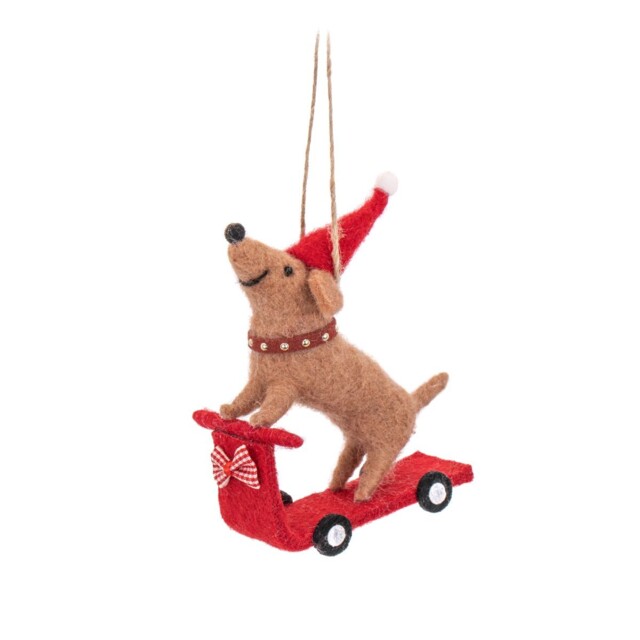 Sass & Belle Felt Dog On Scooter Christmas Tree Decoration With Rustic