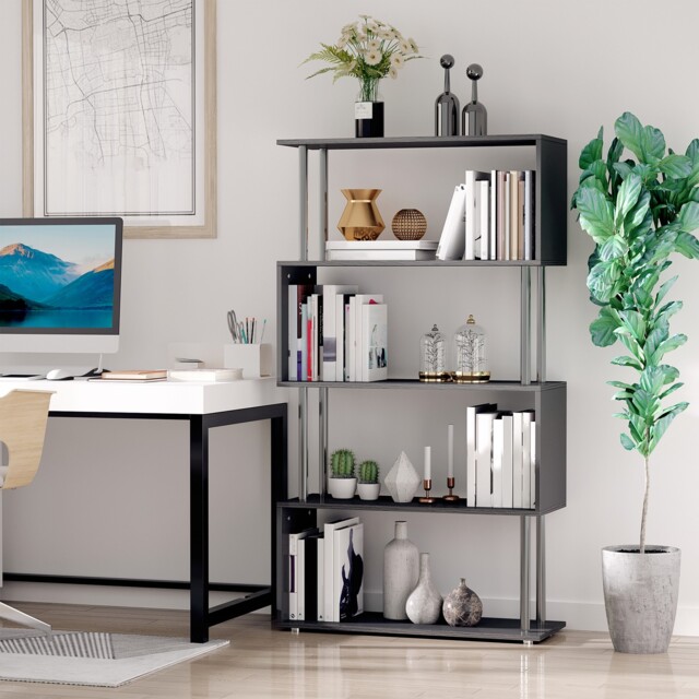 S Shape Lounge Storage Display Unit Wooden Bookcase Bookshelf Room