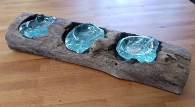 Bali Molten Glass Candle Holder On Wood Stand Melted Candles With Root