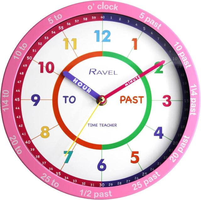 Pink Annotated Kids Teaching Wall Clock Colourful Fun Learning Bedroom