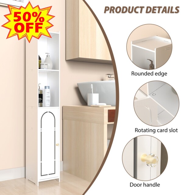 Tall Bathroom Cupboard White Storage Cabinet Slim Narrow Drawers Door