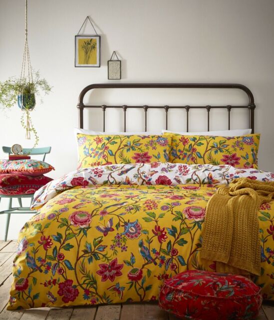 Furn Double Yellow Pomelo Floral Reversible Duvet Cover Set Birds,
