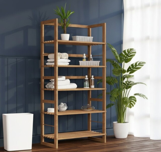 Tall Wooden Shelving Unit Freestanding Display Storage Bathroom 5