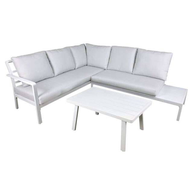 Dellonda Kyoto White 3 Piece Outdoor Garden Corner Sofa & Coffee Table