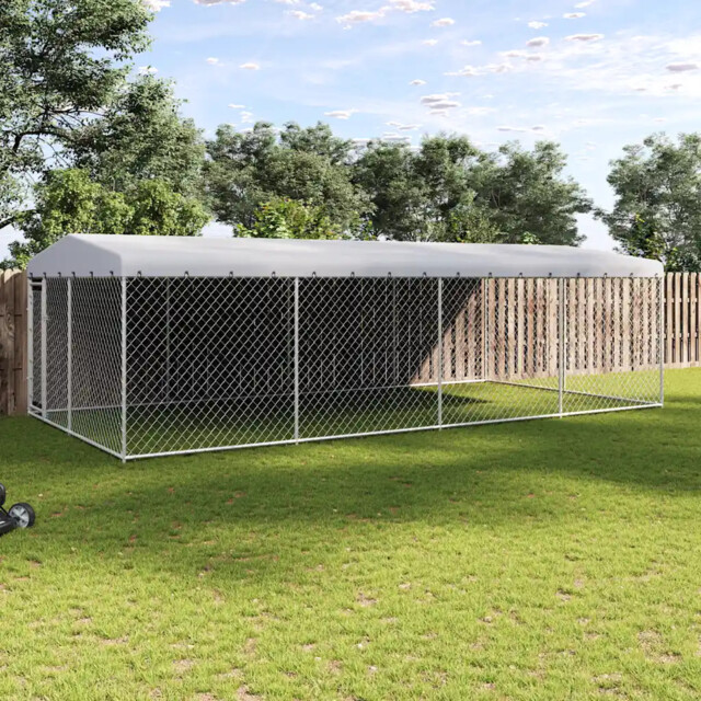 Dog Kennel Silver Galvanised Steel 7.6x3.8x2.3m Pe Roof Lockable