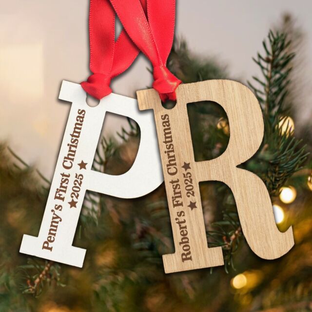 Personalised Child's First Christmas Tree Decoration - Wooden Letter