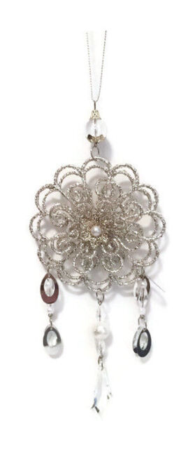 Vintage Style Christmas Silver Flower Drop Hanging Ornaments Tree