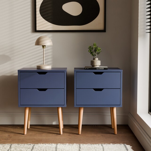 Nyborg Pair Of 2 Drawer Bedside Cabinets Lamp Table Nightstand Blue