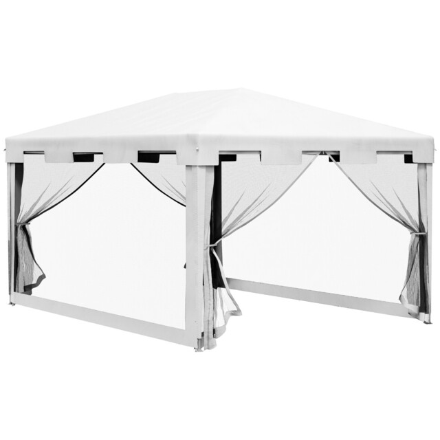 Party Gazebo 4x3m White Pe Cloth Metal Frame Waterproof Mesh Sides