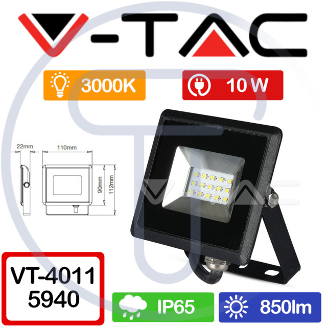 V-tac Vt-4011 5940 E-series 10w Smd Led Floodlight Black 3000k Ip65