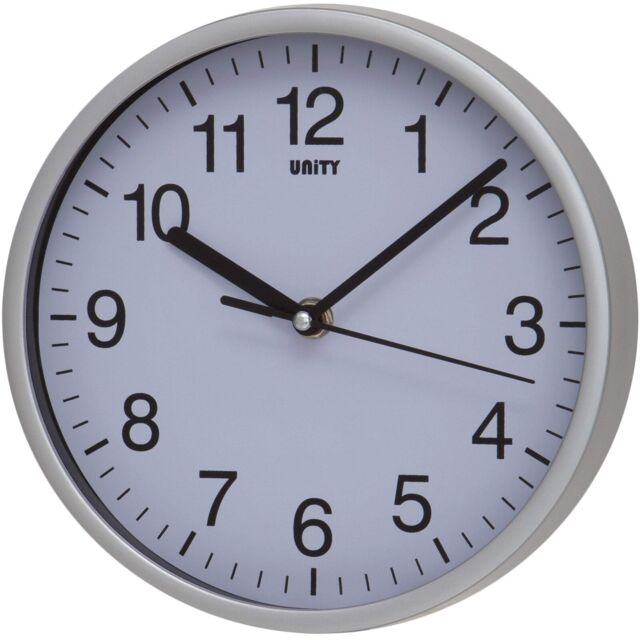 20cm Wall Clock Silent Sweep Seconds Hand In Silver By Unity - In Box
