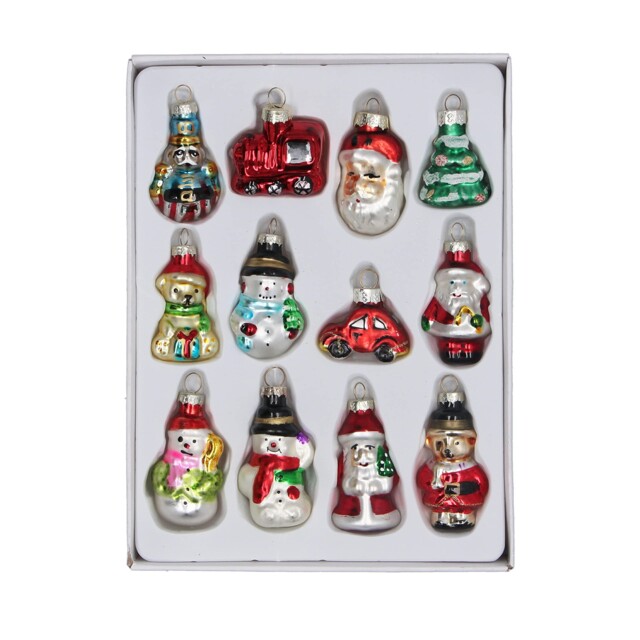 Set Of 12 Mini Glass Hanging Christmas Tree Red, Green, Gold, Silver