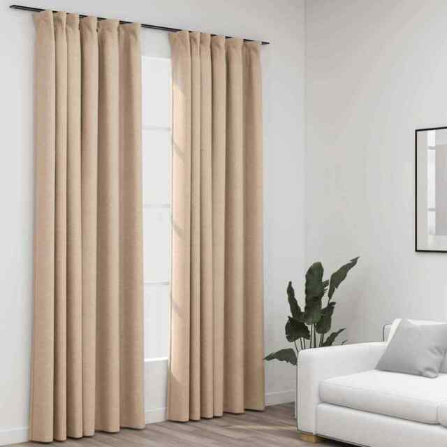 Linen-look Blackout Curtains With Hooks 2 Pcs Beige 140x245 Cm Vidaxl