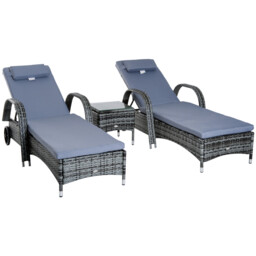 Rattan Lounger Set Grey 200x73x56cm Pe Rattan Tempered Glass 3pc