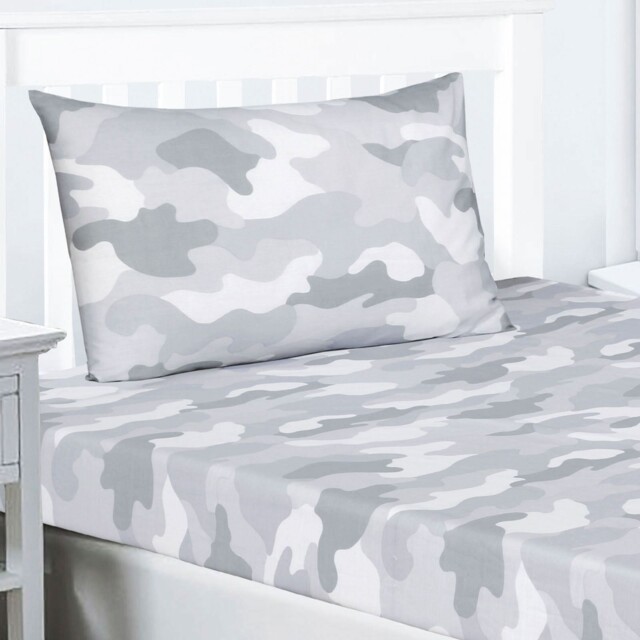 Army Camouflage Double Fitted Sheet & Two Pillowcases Set Grey Camo