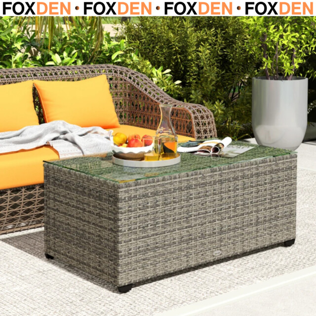 Outdoor Rattan Coffee Table With Glass Top Garden Patio Side Table