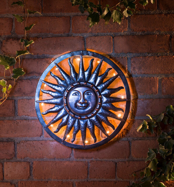 Solar Powered 40cm Bronze Sun Metal Wall Art Garden Outdoor Decoration