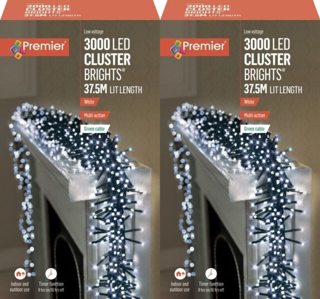 2x Premier 3000 Led Cluster Indoor Outdoor Christmas Tree Lights Timer