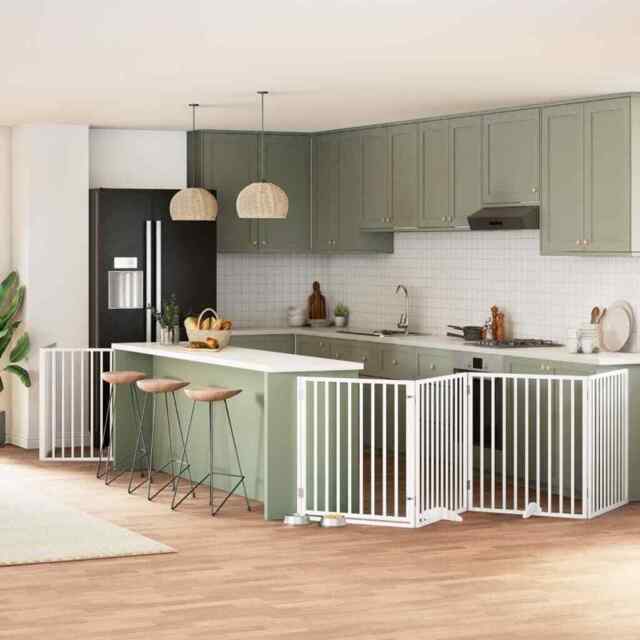 Dog Gate With Door Foldable 8 Panels White 640 Cm Poplar Wood Vidaxl