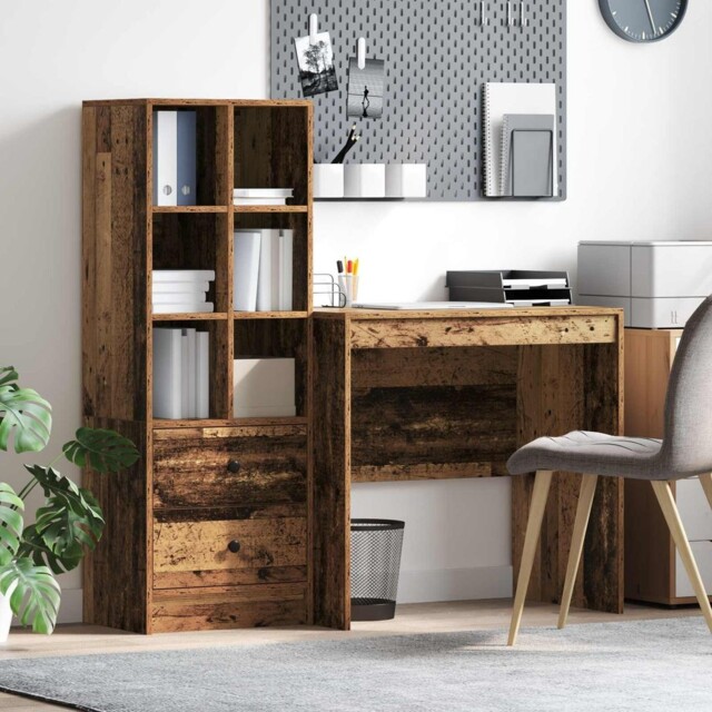 Desk Engineered Wood Old Wood 125.5x50x127cm With 2 Drawers & 6