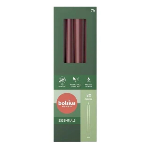 Bolsius Velvet Red Box Of 8 Tapered Candles (245mm X 24mm) 7hr Burn