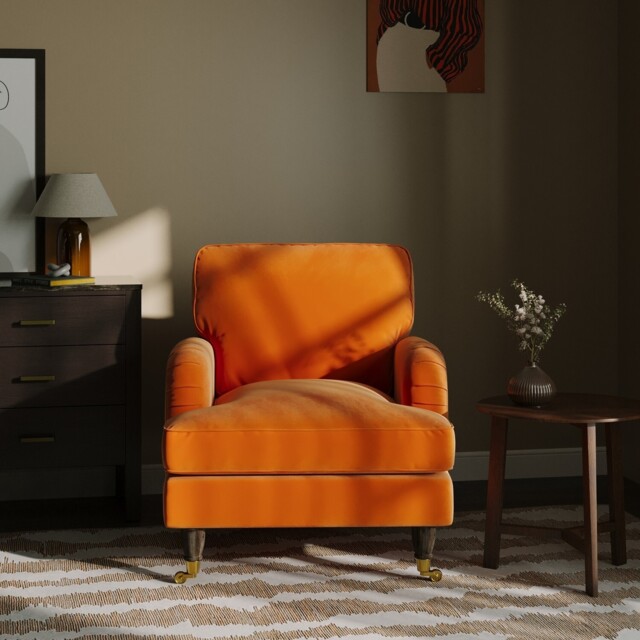Traditional Orange Velvet Armchair With Saddle Arms Wood Legs Foam