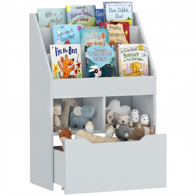 Homcom Kids Bookcase, Toy Box W/ Storage Drawer, Wheels For Bedroom -