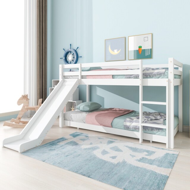 3ft Single Wooden Bunk Bed Kids Sleeper With Slide And Ladder Cabin