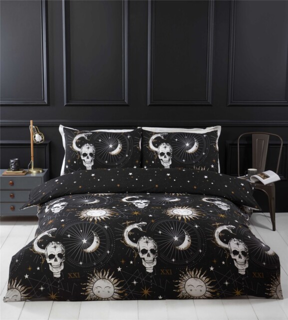 Tarot Gothic Mystical Reversible Star Skull Duvet Quilt Cover Set Bed