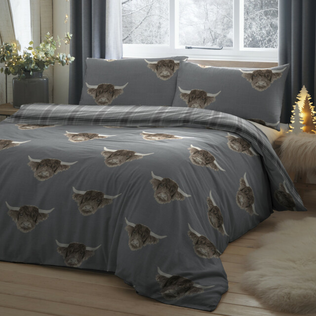 Reversible Animal Highland Cow Tartan Checked Grey Duvet Quilt Cover
