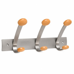 Alba Coat Hook Hanger Three Peg Modern Light Wood Panel Silver Steel