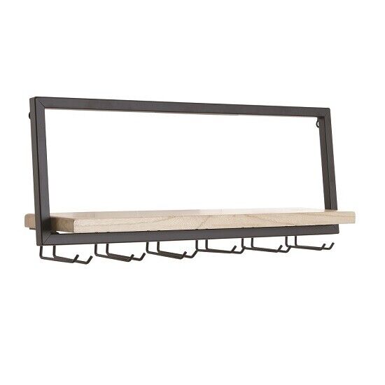 Wood Shelf 6 Metal Hooks Small Black & Natural Wall Storage With By
