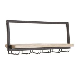 Wood Shelf 6 Metal Hooks Small Black & Natural Wall Storage With By