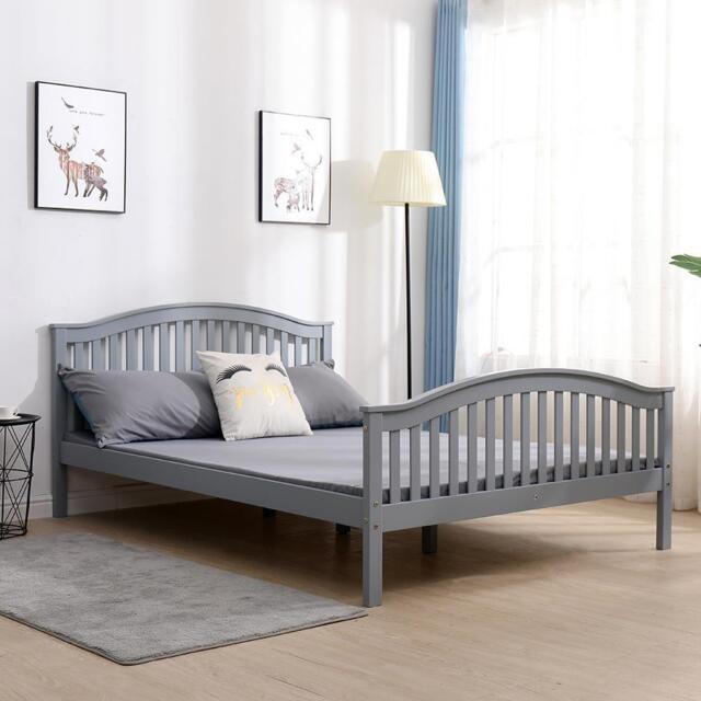 Double Grey Wooden Bed 4ft 6 Solid Pine High End Slatted Base Madrid