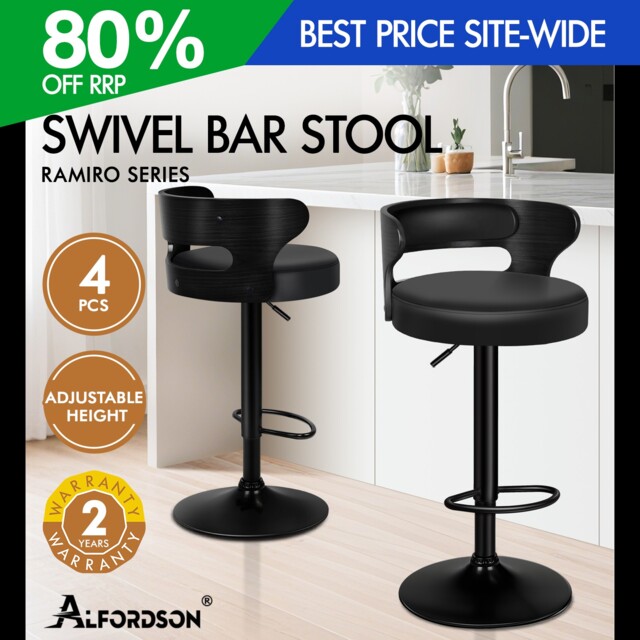Alfordson 4x Bar Stool Swivel Gas Lift Wooden Backrest Dining Kitchen