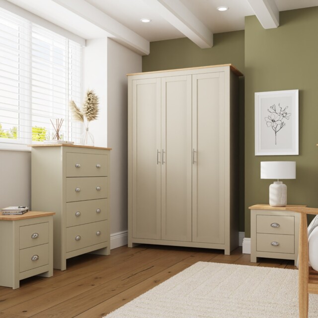 Lancaster 4 Piece Set Cream Bedside Cabinet Wardrobe Chest Of Drawers