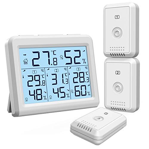 Indoor Outdoor Thermometer Hygrometer With 3 Sensor, Digital
