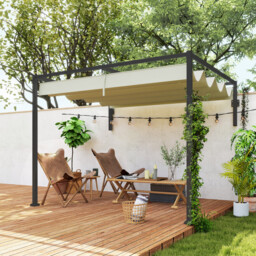 Khaki 2.97m X 2.11m Wall Mounted Pergola - Retractable Canopy Garden