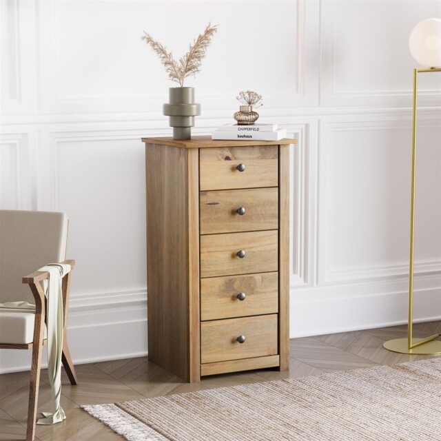 Panama 5 Drawer Narrow Chest Natural Wax Oak Solid Pine Bedroom
