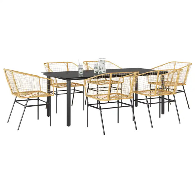 7 Piece Garden Dining Set Brown Poly Rattan Glass Vidaxl